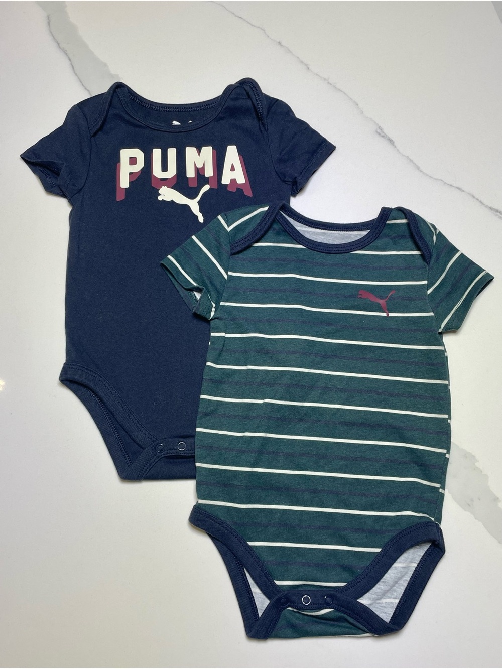 PUMA Navy & Green Striped One-Piece Bodysuit 6/9 month.Short sleeve Lot of 2